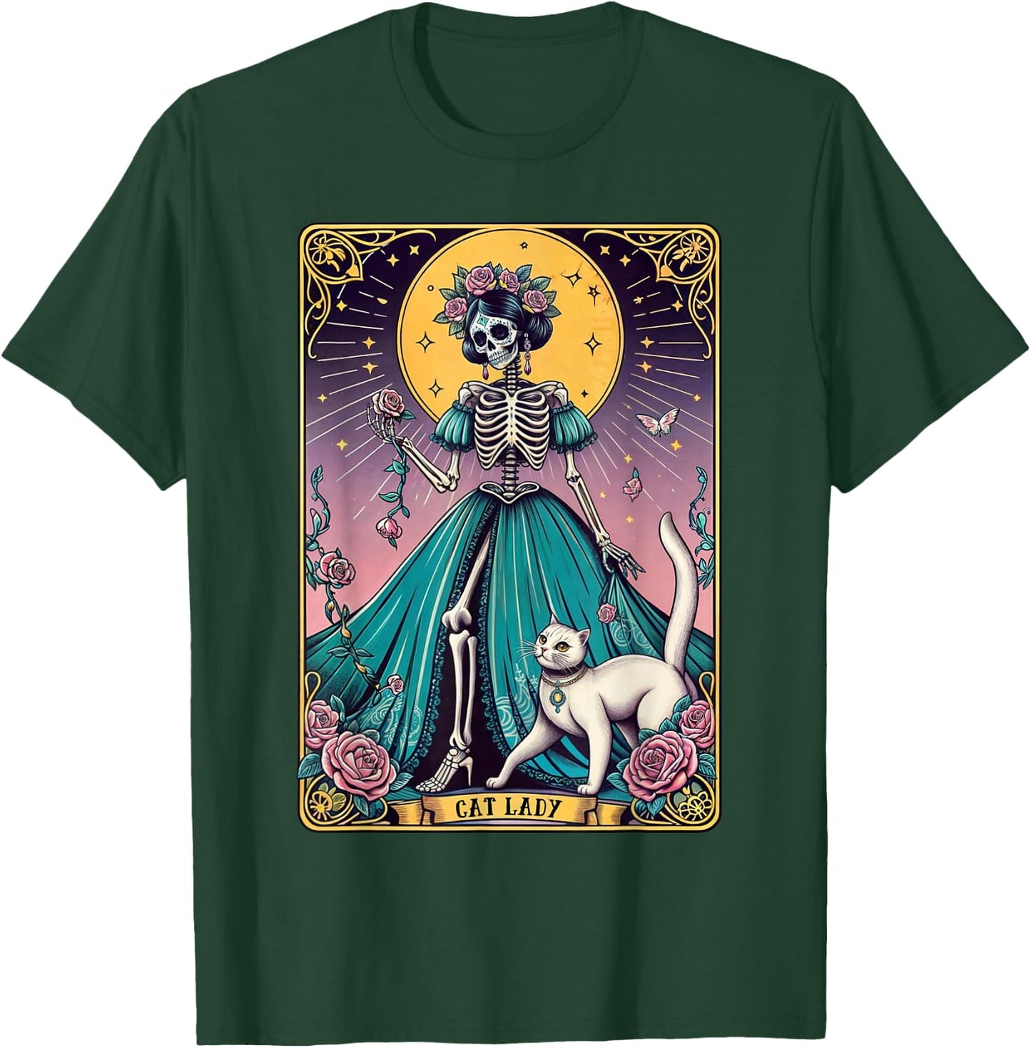 Cat Lady Tarot Card Skeleton Woman Funny Cat Lover T-Shirt - T-Shirt | Forest