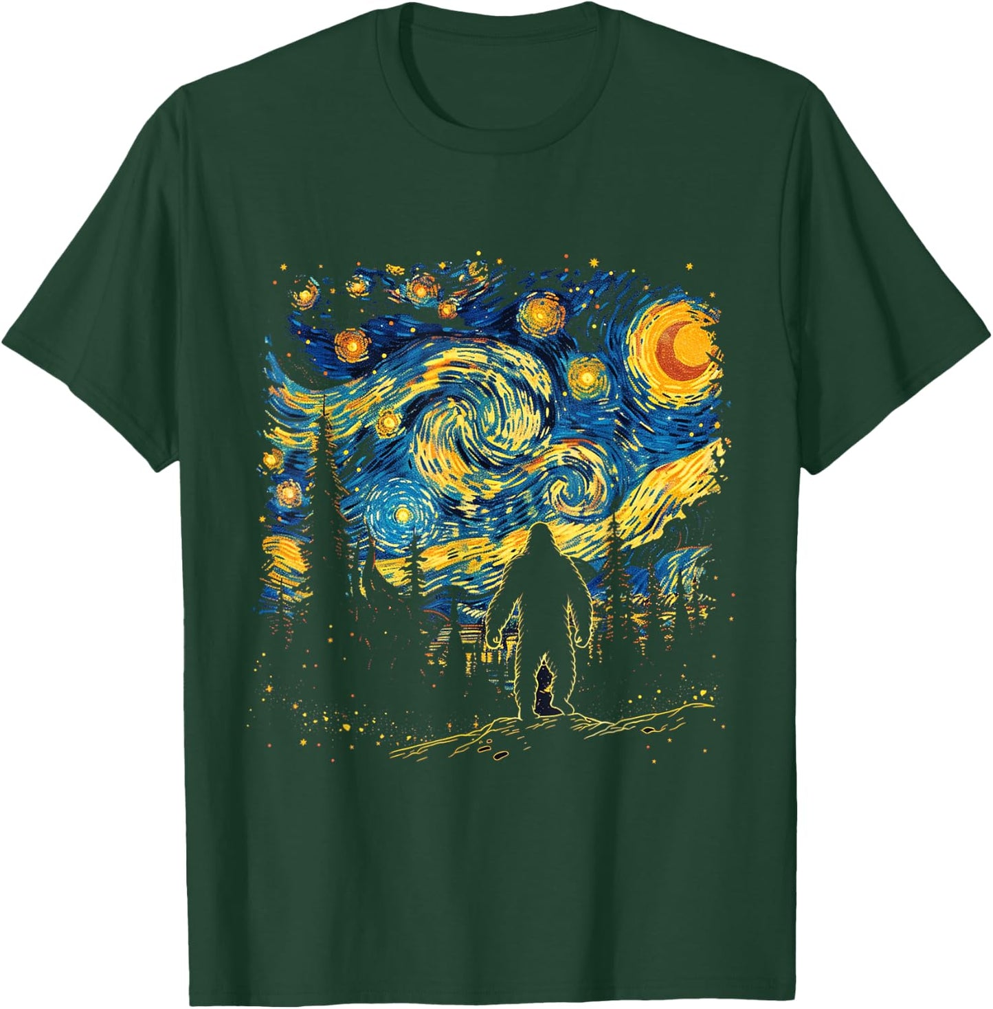 Funny Bigfoot Starry Night Sasquatch Van Gogh Sky Painting T-Shirt - T-Shirt | Forest
