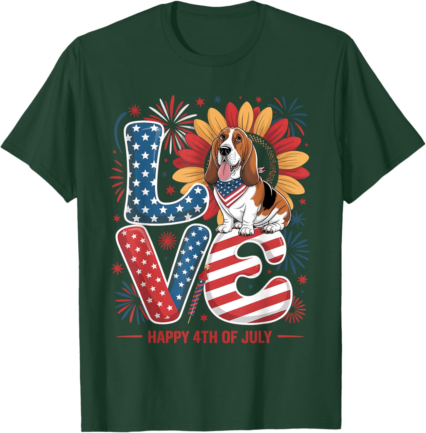 Funny Love Basset Hound Dog USA Flag Patriotic 4th Of July Women Kids T-Shirt - T-Shirt | Forest