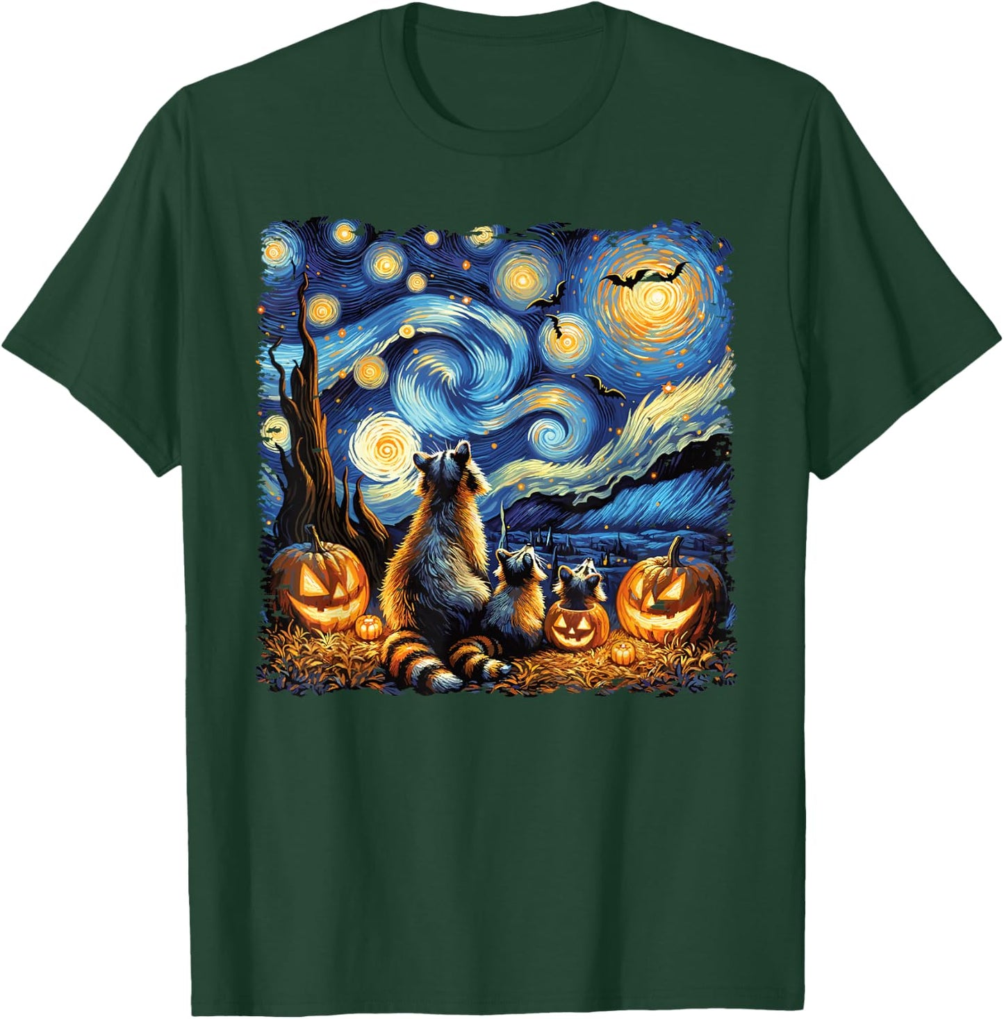 Halloween Fall Raccoon Van Gogh Starry Night Bats & Pumpkins T-Shirt - T-Shirt | Forest