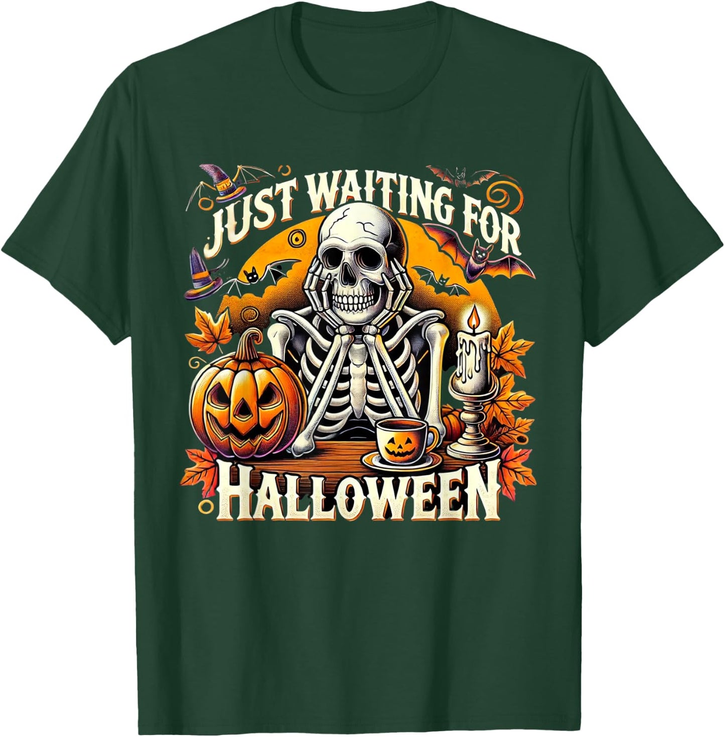 Just Waiting for Halloween Skeleton Coffee Spooky Season T-Shirt - T-Shirt | Forest