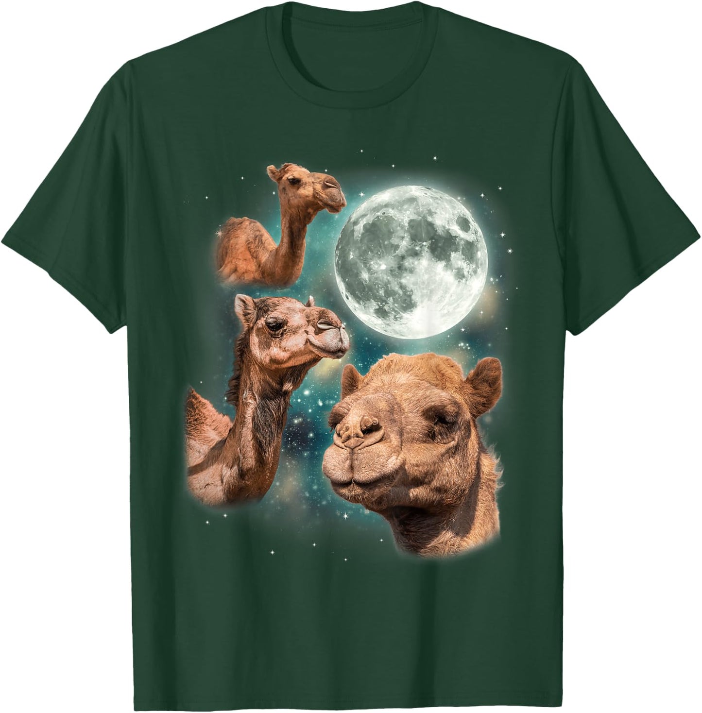 Three Camels Moon | 3 Dromedary Camels Under A Desert Moon T-Shirt - T-Shirt | Forest