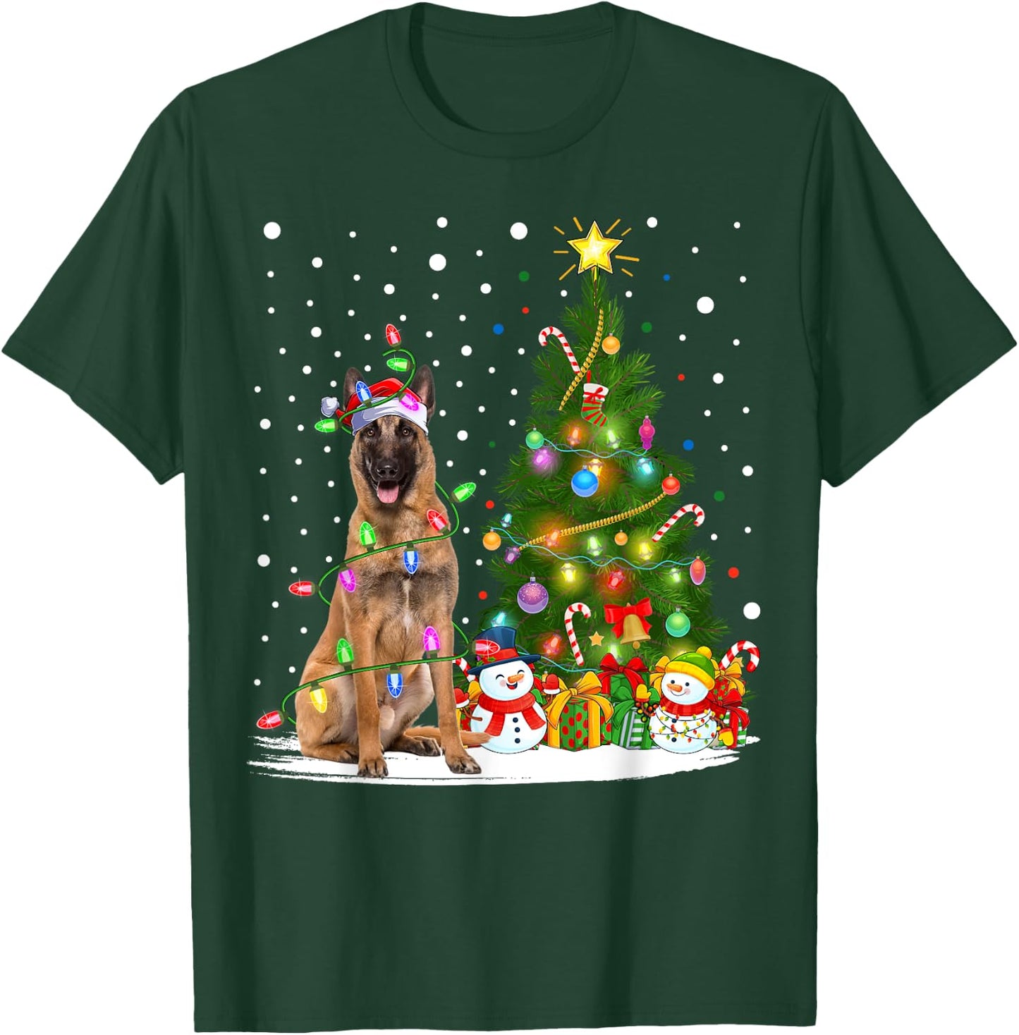 Lighting Xmas Tree Santa Belgian Malinois Dog Christmas Men Women Kids T-Shirt - T-Shirt | Forest
