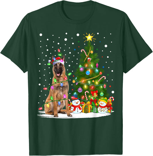 Lighting Xmas Tree Santa Belgian Malinois Dog Christmas Men Women Kids T-Shirt - T-Shirt | Forest