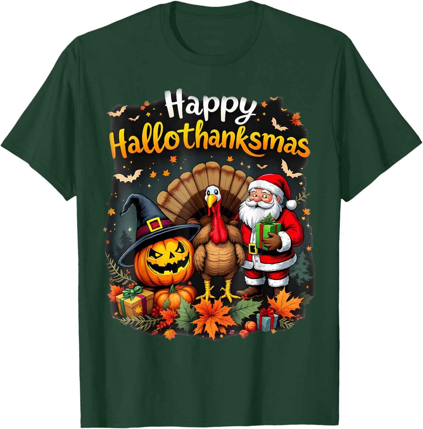 Happy Hallothanksmas Thanksgiving Halloween Merry Christmas T-Shirt - T-Shirt | Forest