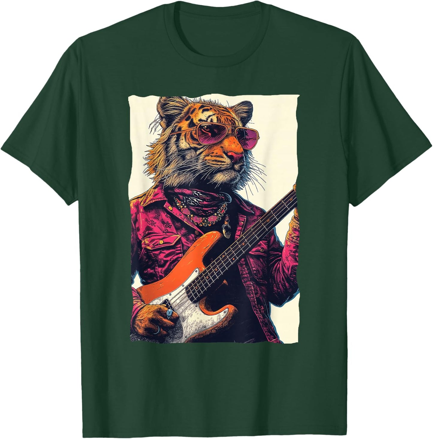 Cool Tiger Playing Guitar Retro Music lover T-Shirt - T-Shirt | Forest