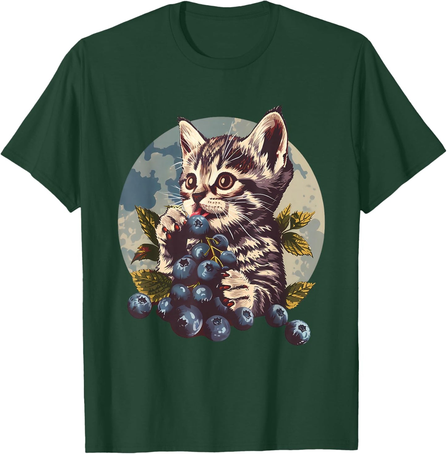 Blueberry Cat Blueberries Portrait Watercolor Animal Art T-Shirt - T-Shirt | Forest