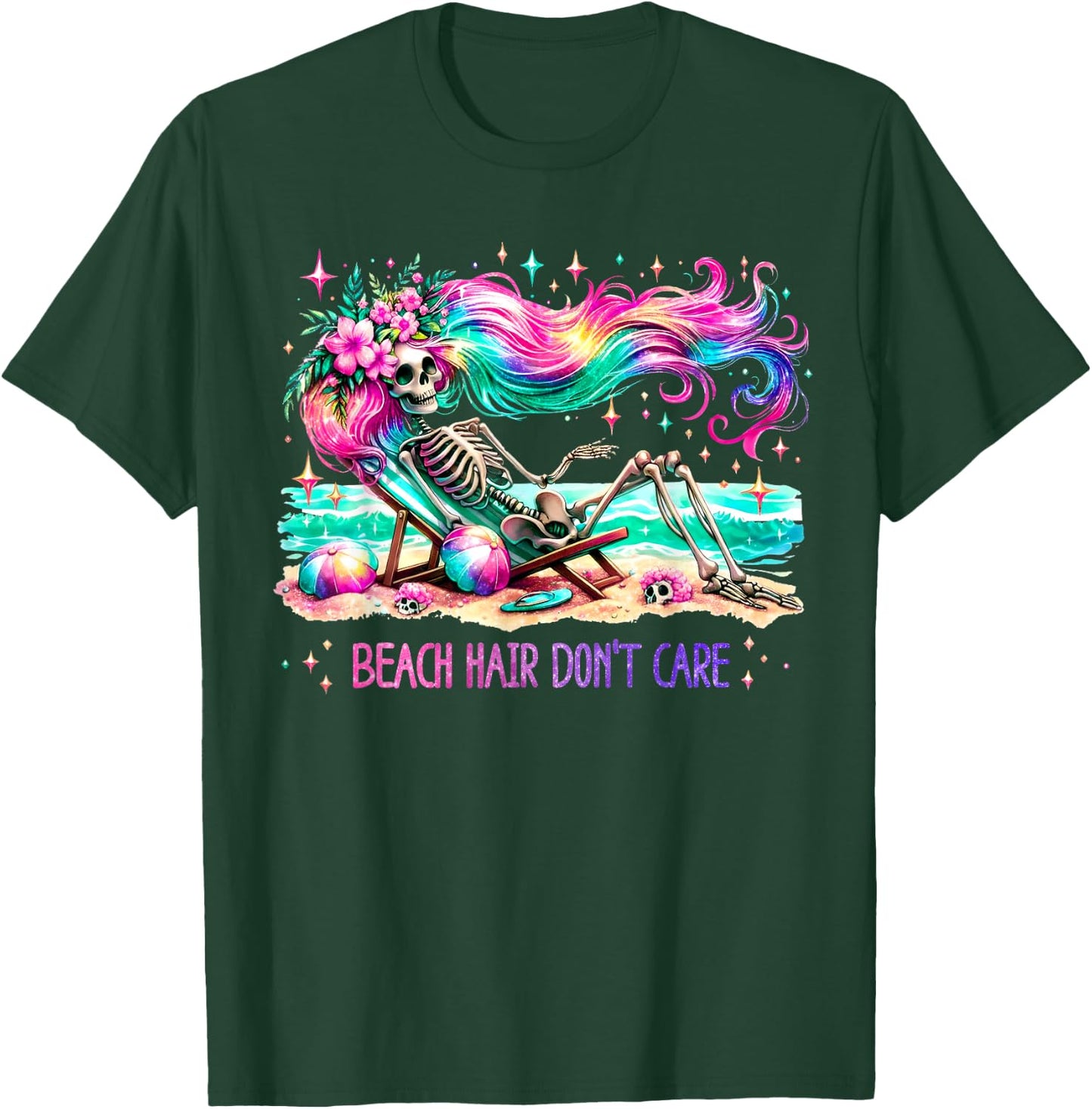 Beach Hair Don't Care Skeleton Woman Summer Vacation Hawaii T-Shirt - T-Shirt | Forest