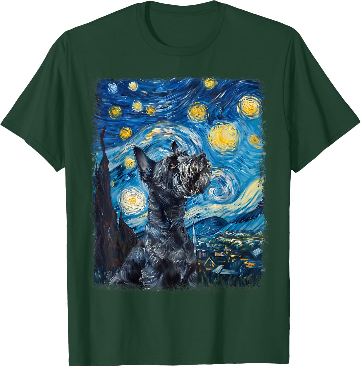 Schnauzer Dog Starry Night Painting T-Shirt - T-Shirt | Forest