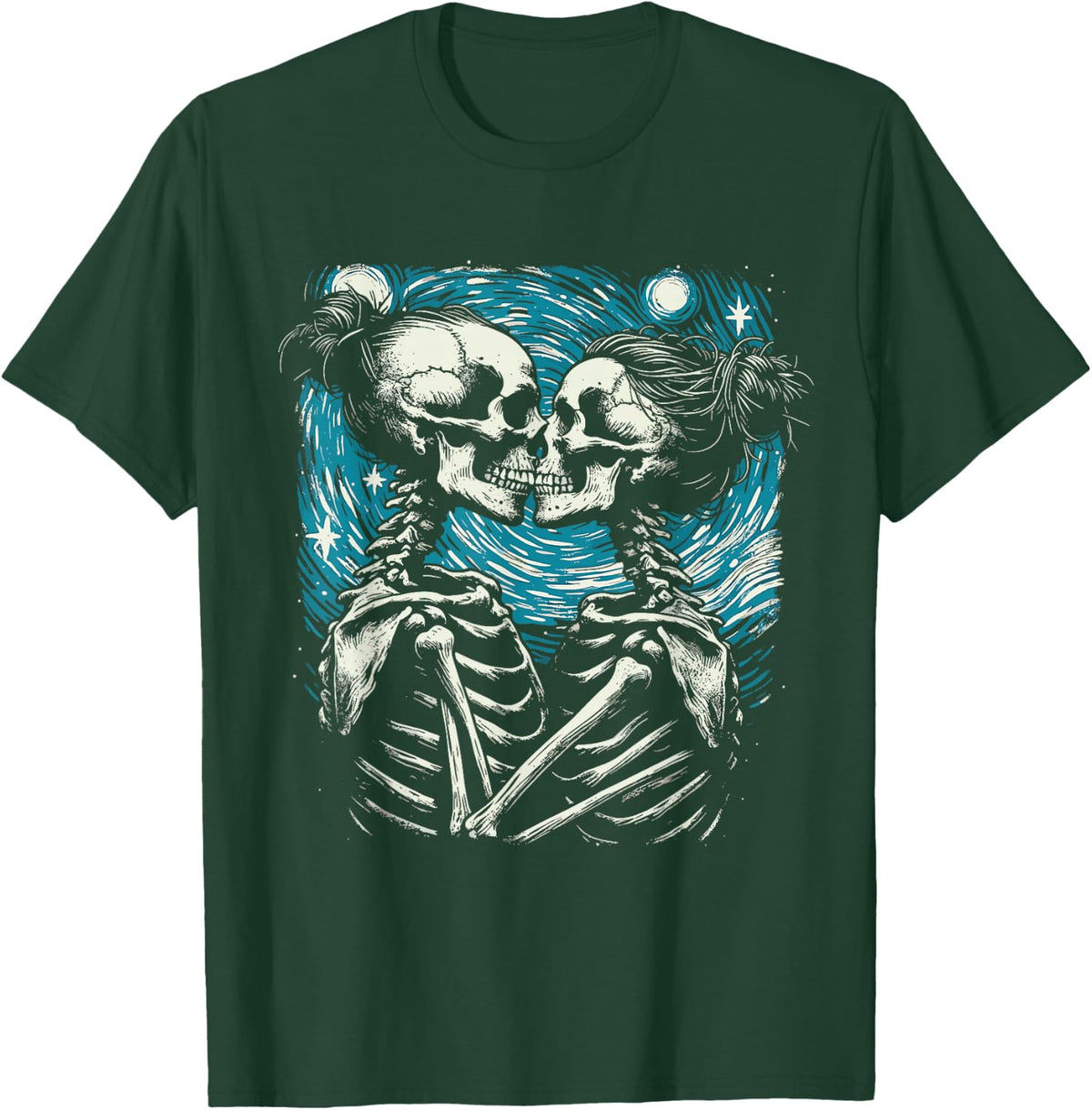 Van Gogh Starry Night in Lesbian Skeleton Occult Goth Couple T-Shirt - T-Shirt | Forest