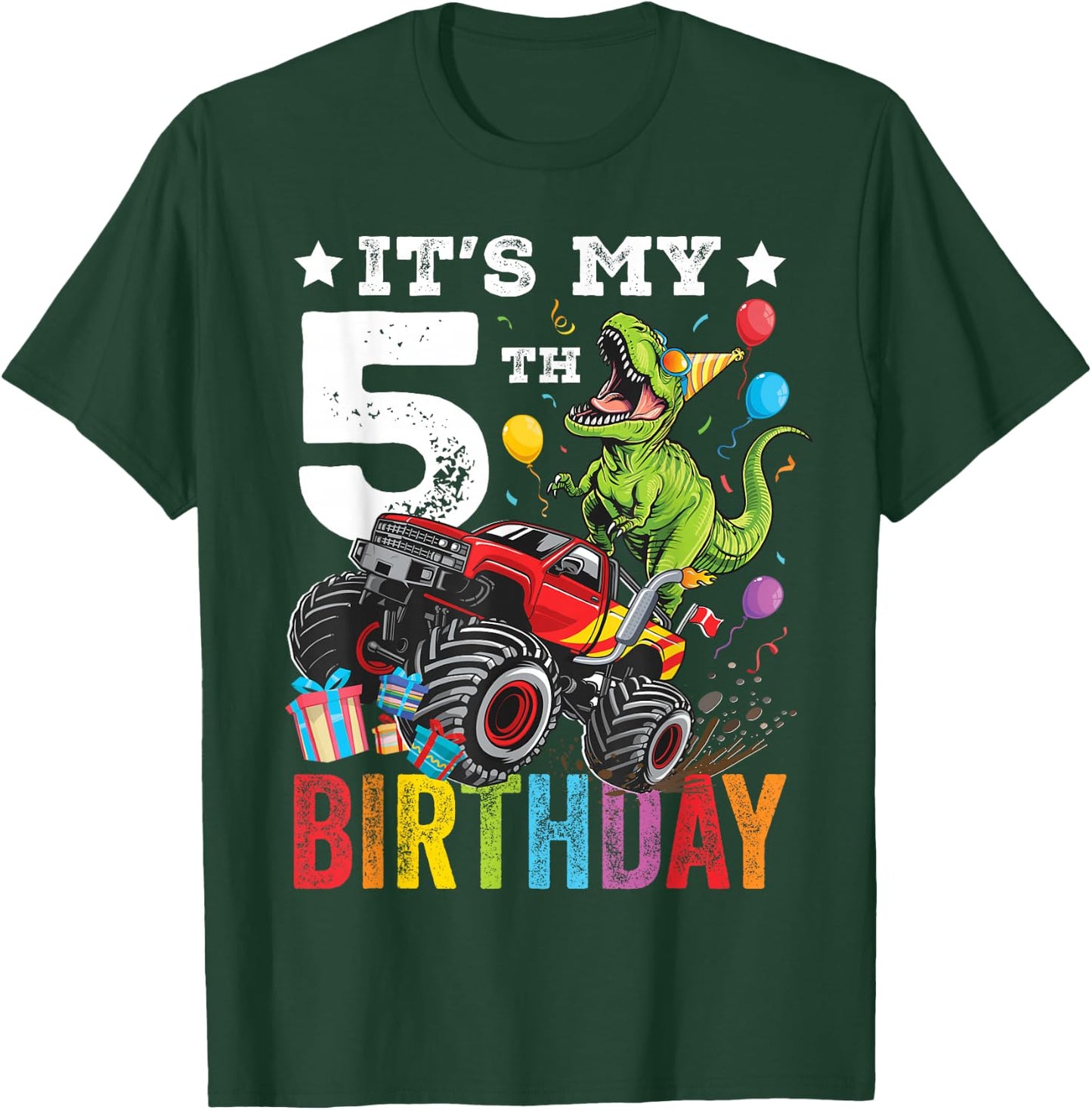Five 5th Birthday Dinosaur Monster Truck T-Shirt - T-Shirt | Forest