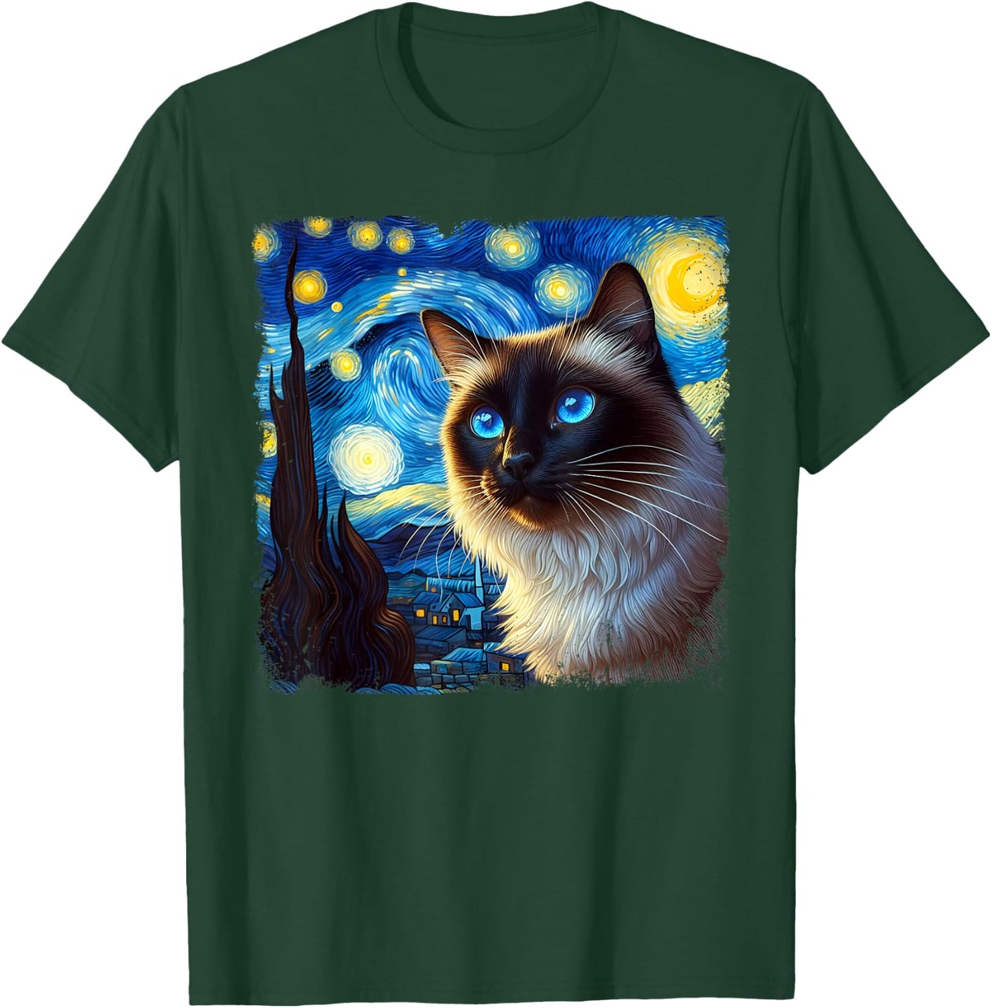 Funny Cute Siamese Cat Starry Night Van Gogh Painting T-Shirt - T-Shirt | Forest