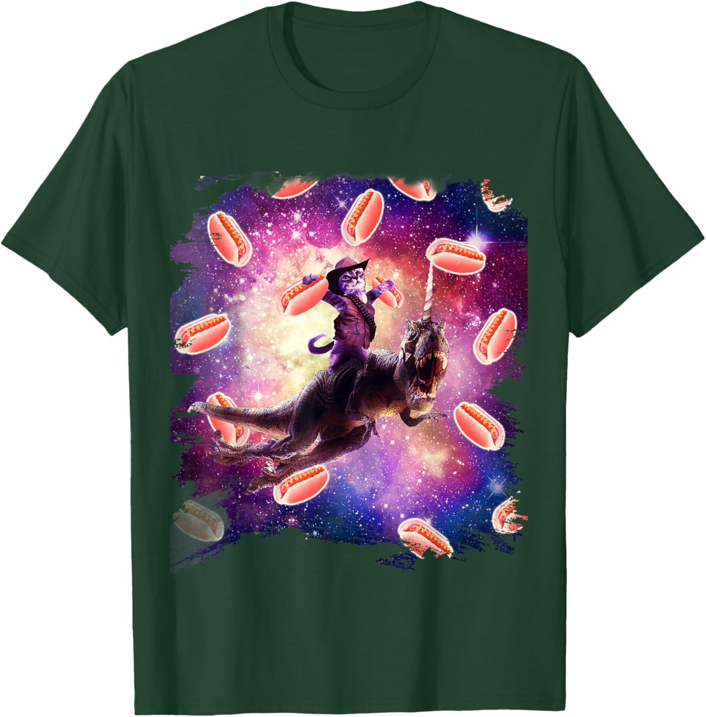Cowboy Space Cat On Dinosaur Unicorn - Hotdog T-Shirt - T-Shirt | Forest