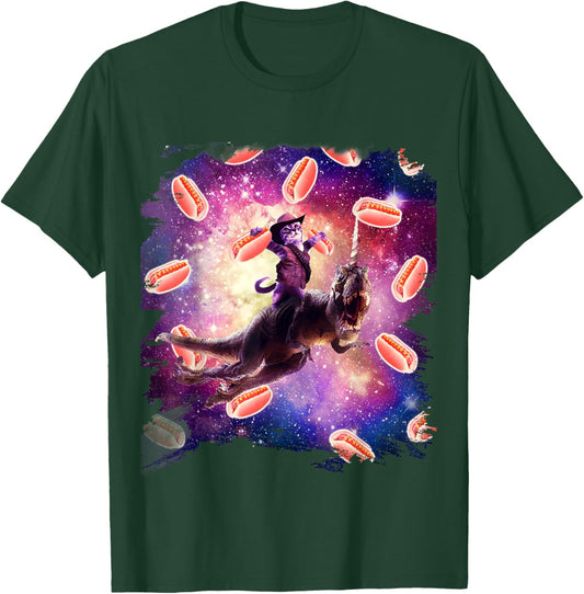 Cowboy Space Cat On Dinosaur Unicorn - Hotdog T-Shirt - T-Shirt | Forest