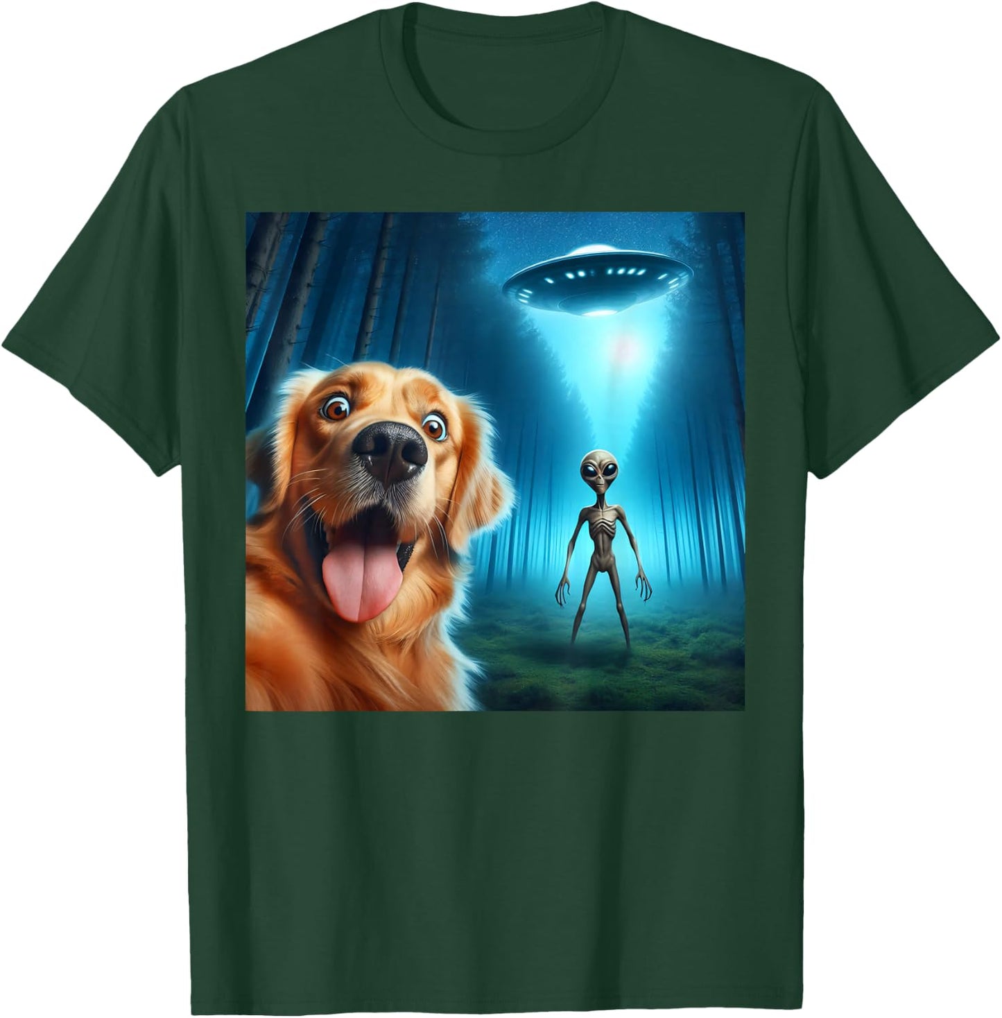 Golden Retriever Selfie Alien UFO Funny T-Shirt - T-Shirt | Forest