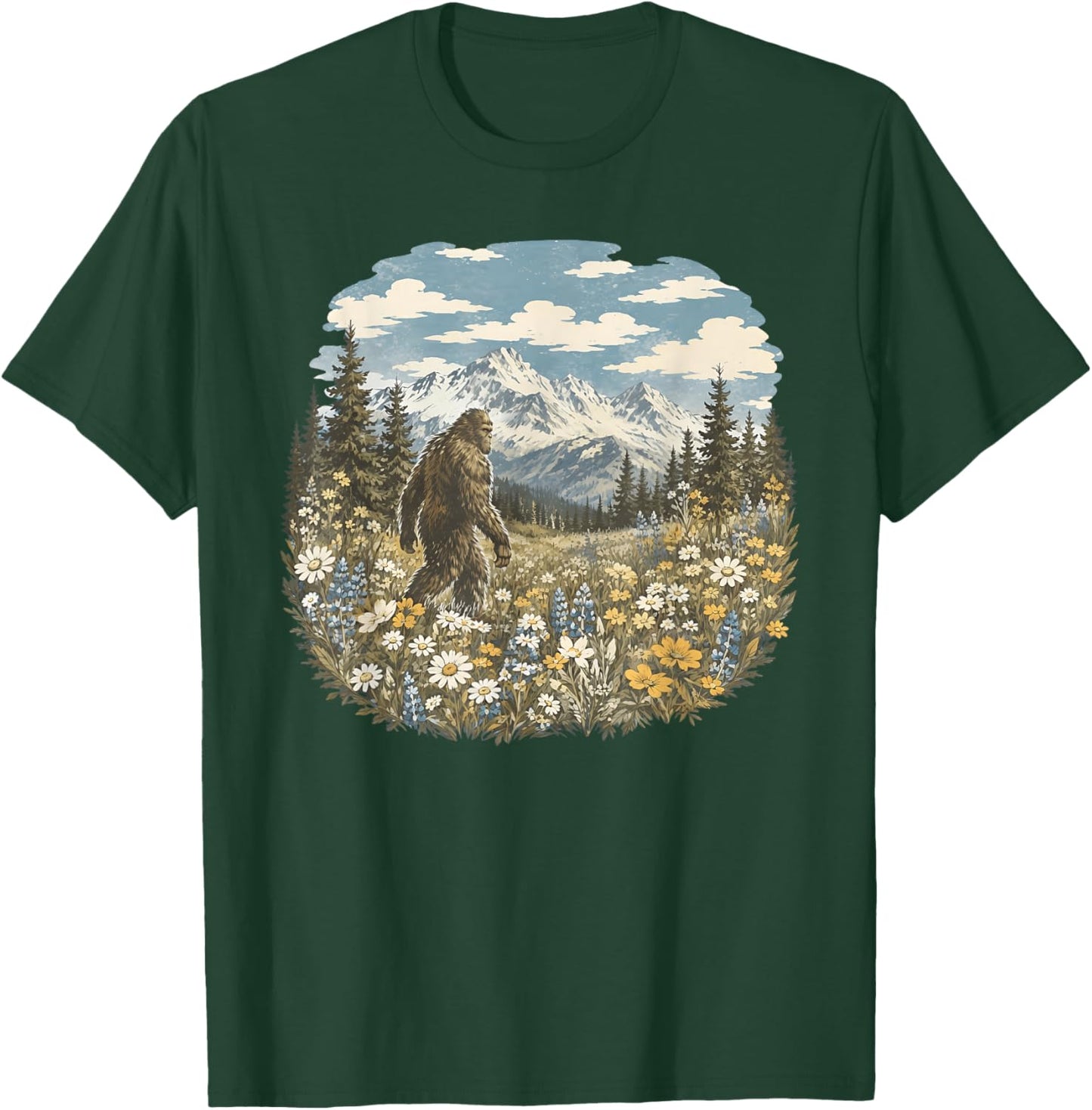 Vintage Sasquatch Floral Bigfoot Walks in A Field of Flowers T-Shirt - T-Shirt | Forest
