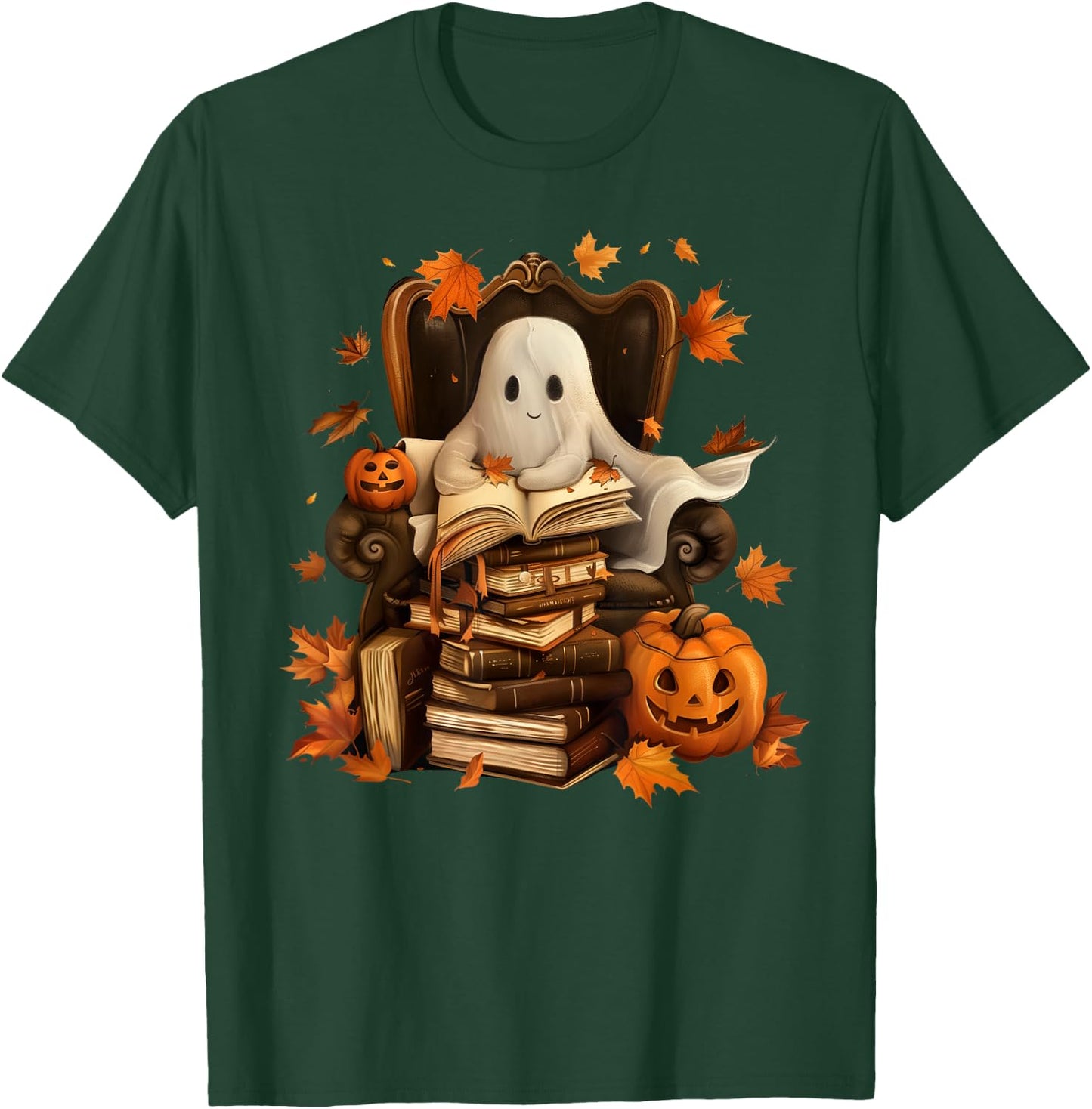Vintage Ghost Book Reading Pumpkin Gothic Halloween Teachers T-Shirt - T-Shirt | Forest