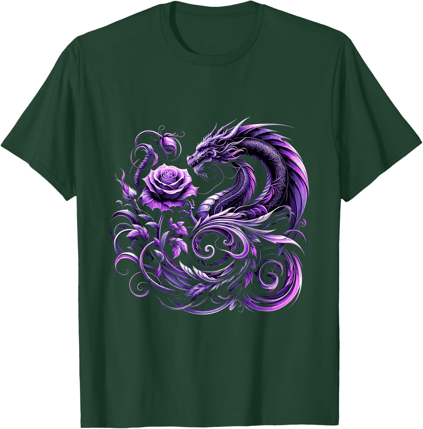 Purple Dragon and Purple Rose Fantasy T-Shirt - T-Shirt | Forest