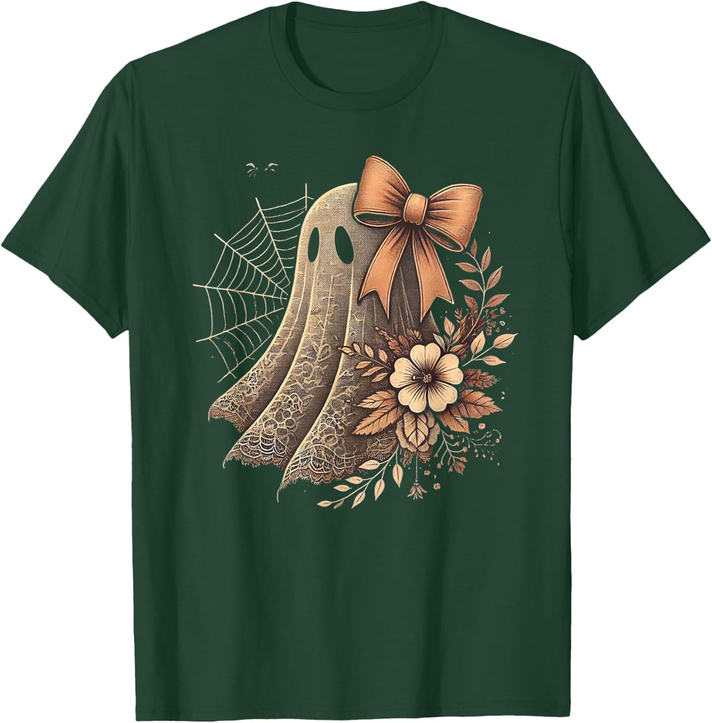 Cute Coquette Bow Ghost Halloween Flower Ghost Spooky Ghost T-Shirt - T-Shirt | Forest