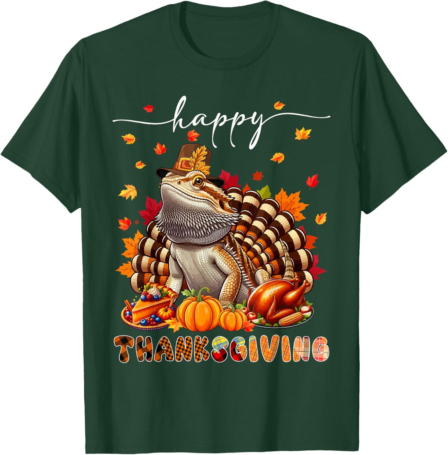 Wild Animal Thanksgiving Costume Happy Thanksgiving Bearded Dragon Turkey Fall Leaves T-Shirt - T-Shirt | Forest