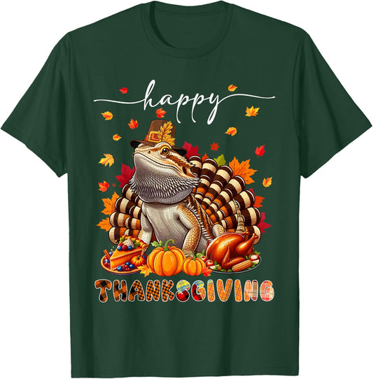 Wild Animal Thanksgiving Costume Happy Thanksgiving Bearded Dragon Turkey Fall Leaves T-Shirt - T-Shirt | Forest
