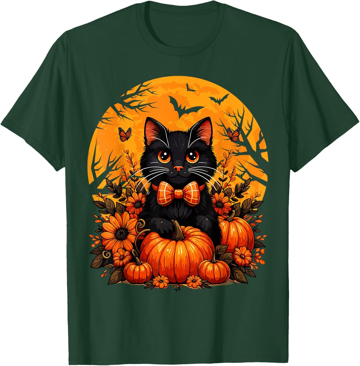 Retro Black Cat Fall Pumpkin Cute Halloween Cat Autumn T-Shirt - T-Shirt | Forest