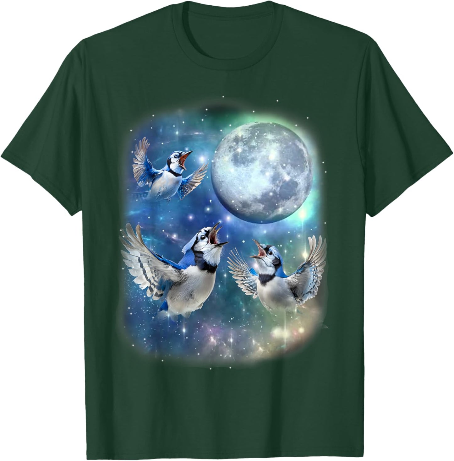 Three Blue Jay With The Moon Avian Birdwatching Birds Lover T-Shirt - T-Shirt | Forest