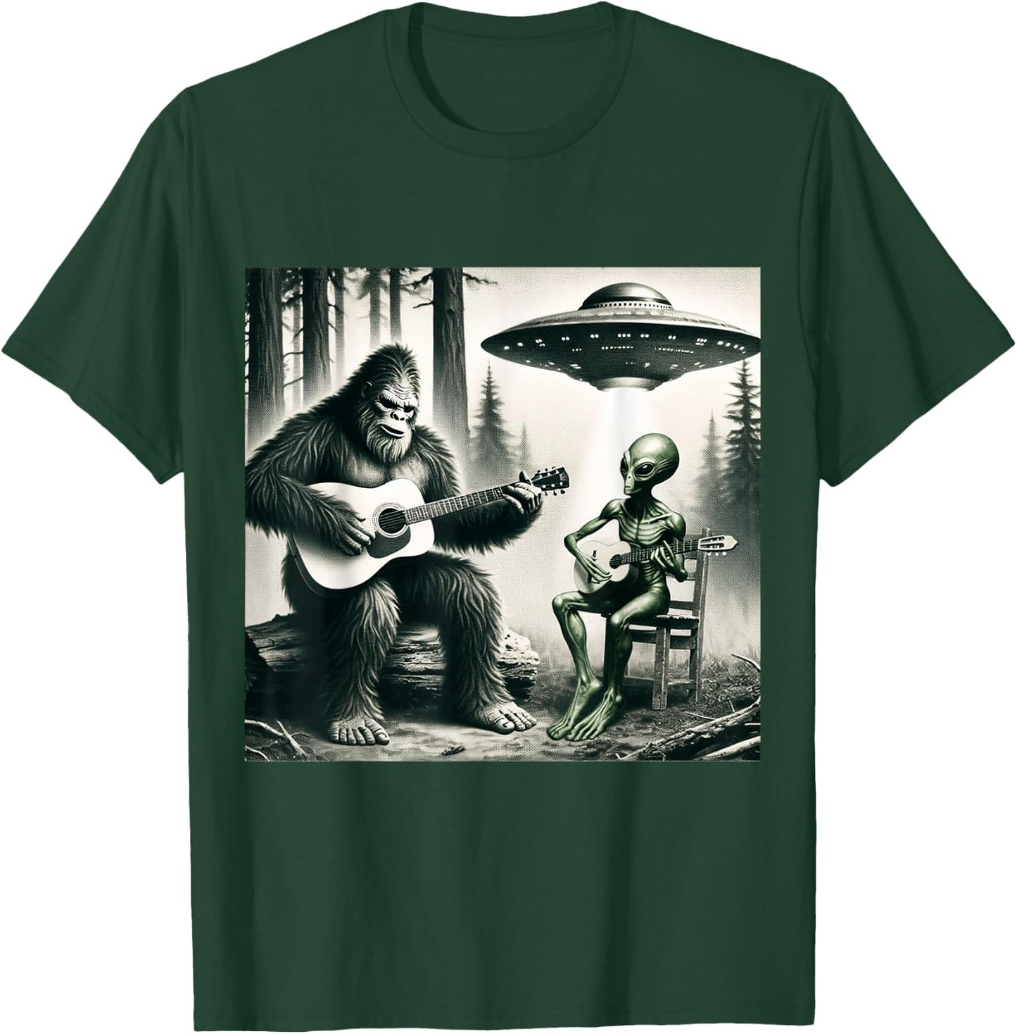 Funny Bigfoot And Alien Playing Electric Guitar. Bigfoot UFO T-Shirt - T-Shirt | Forest