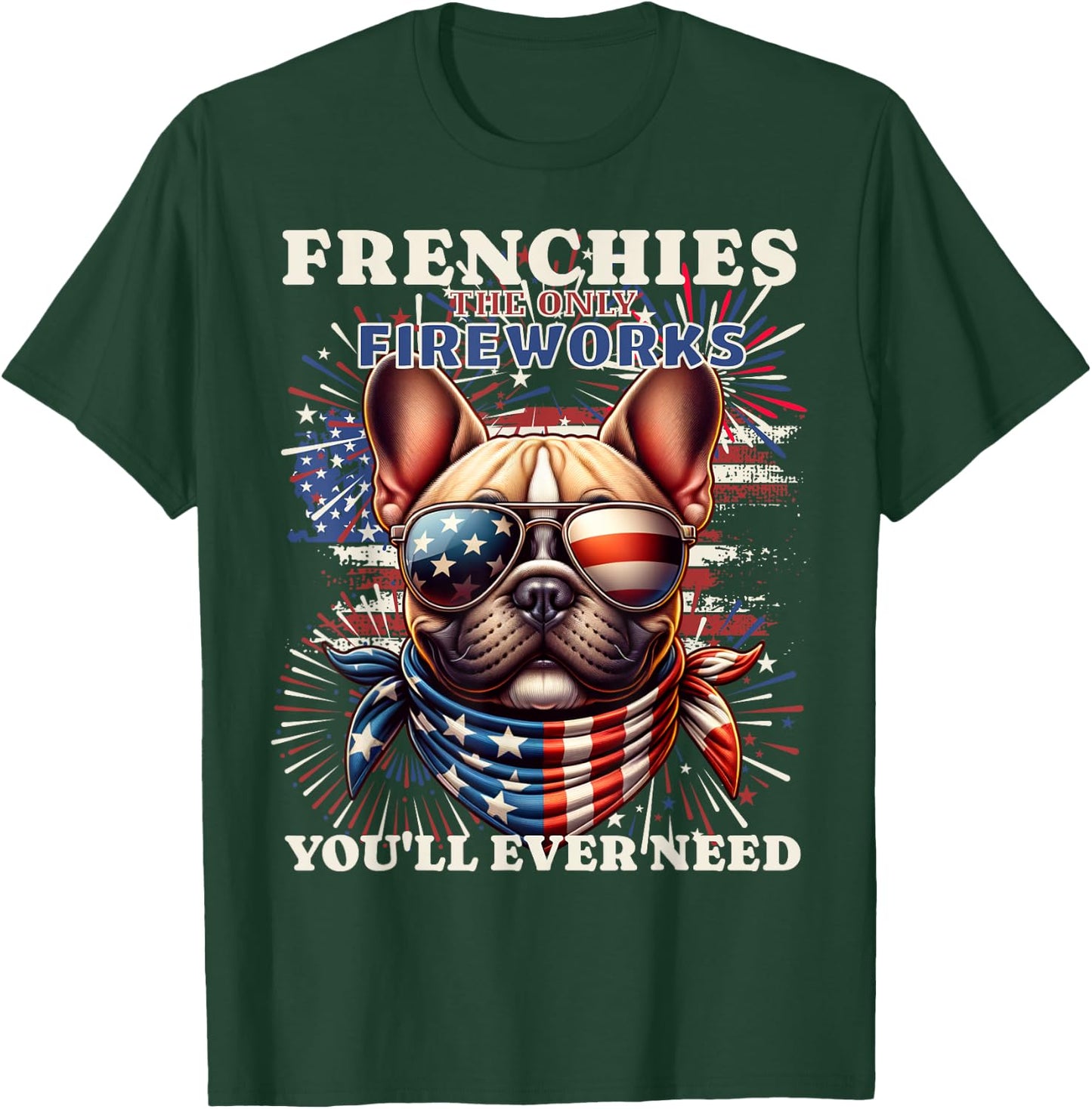 Frenchie Bulldog Patriotic 4th of July Fireworks USA Flag T-Shirt - T-Shirt | Forest