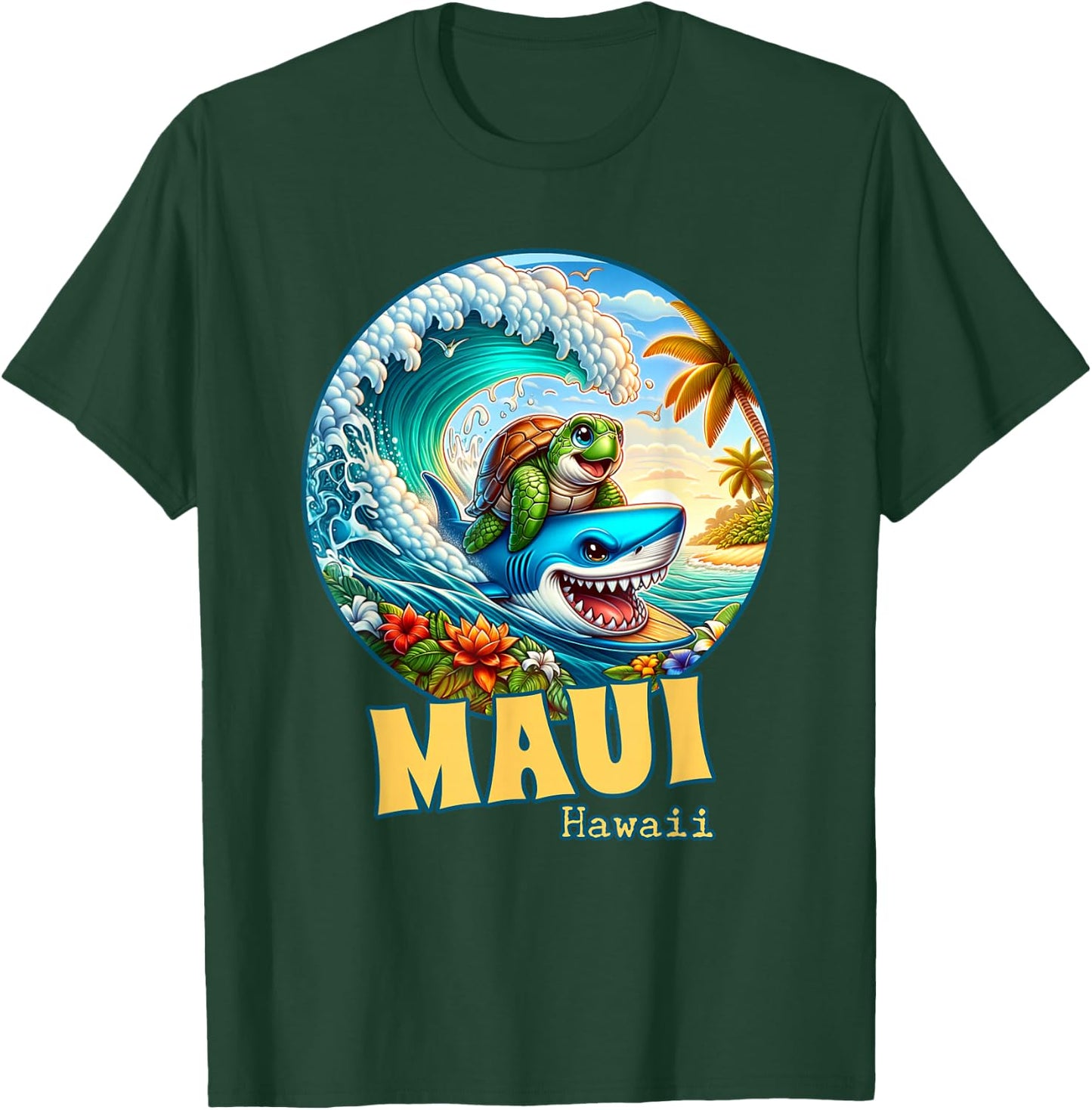 Maui Hawaii Surfing Sea Turtle and Shark T-Shirt - T-Shirt | Forest