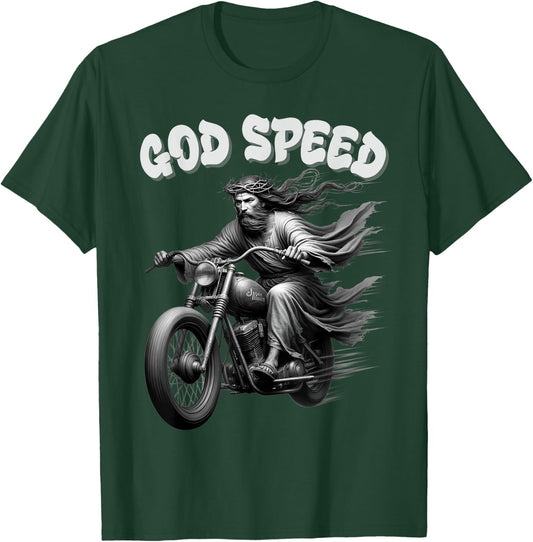 God speed Jesus on a Motorcycle Christian humour T-Shirt - T-Shirt | Forest