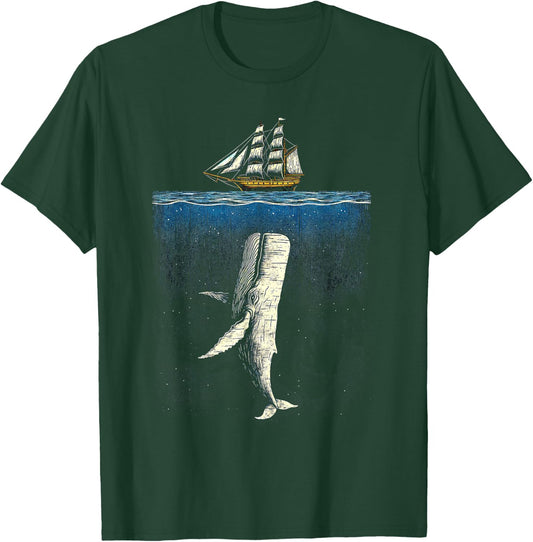 Moby Dick Inspired Threatening Whale and Ship Artwork T-Shirt - T-Shirt | Forest