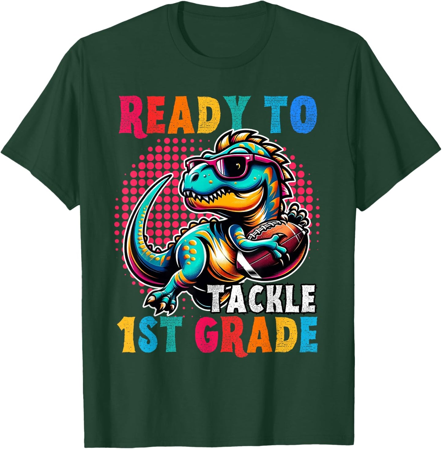 First Day Back to School 1st Grade Boys Football Dinosaur T-Shirt - T-Shirt | Forest