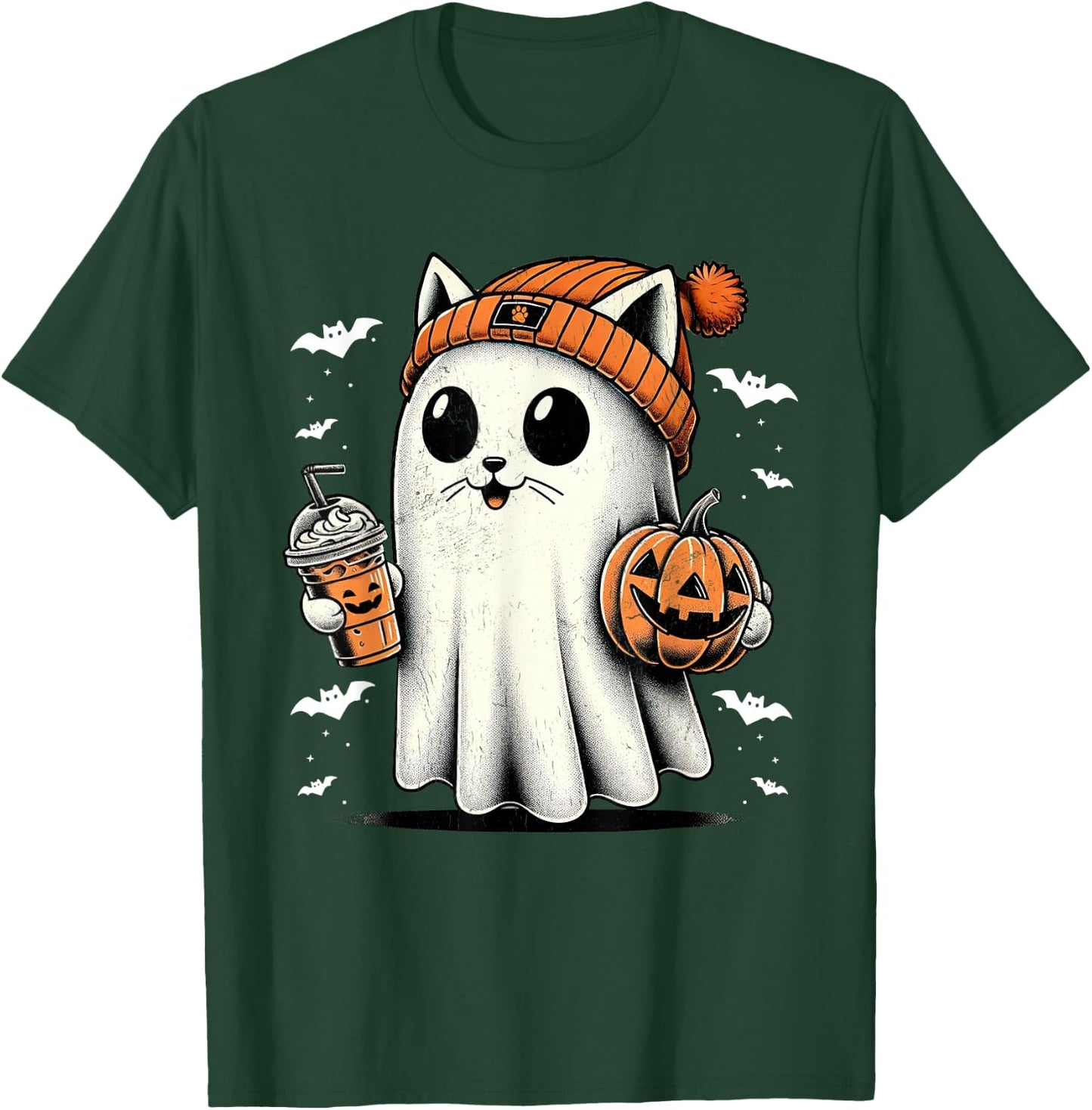 Cute Cat Ghost Iced Coffee Funny Ghost Halloween Ice Coffee T-Shirt - T-Shirt | Forest