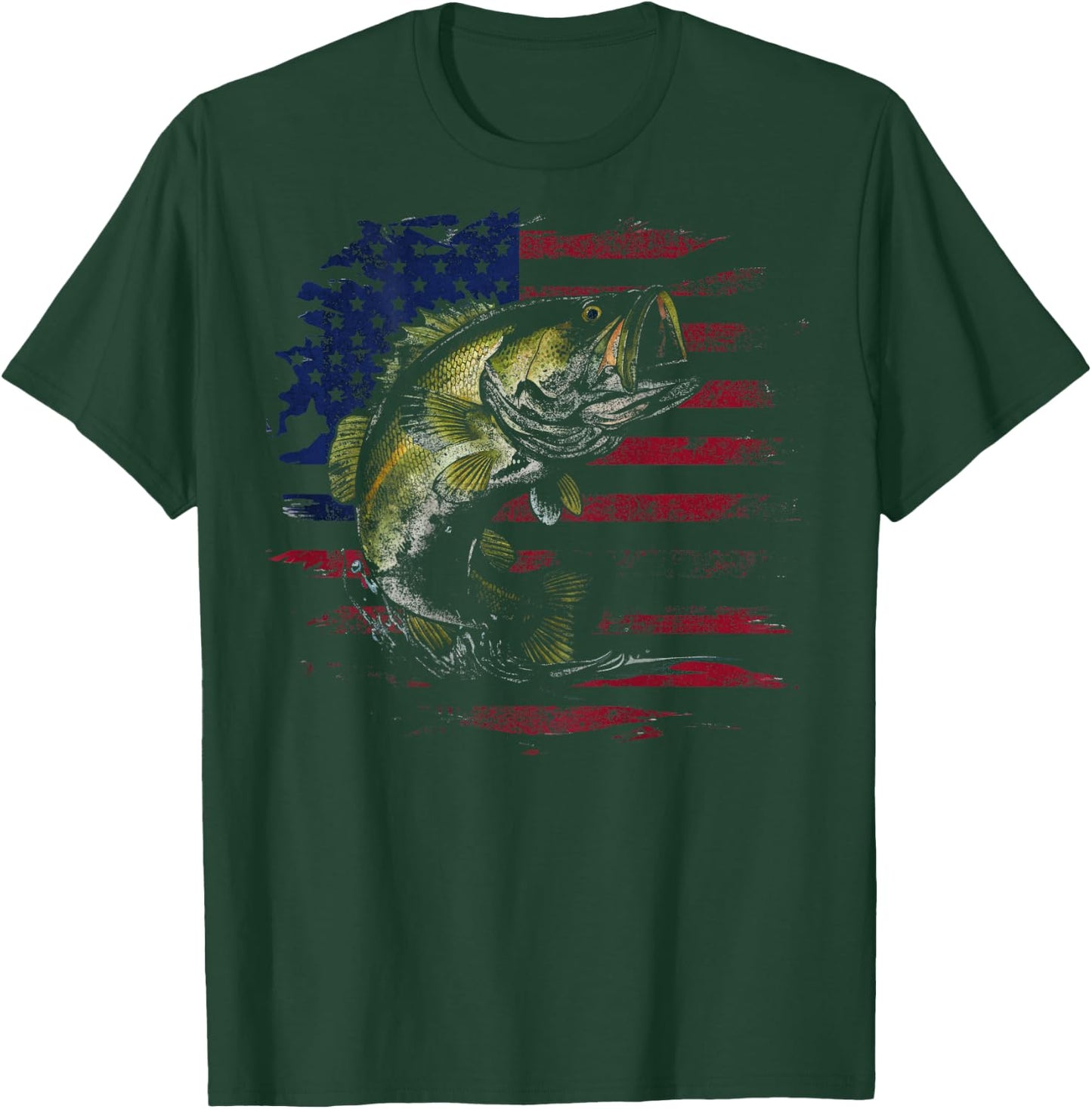 American Flag Camo Bass Fish Fishing Fisherman (on back) T-Shirt - T-Shirt | Forest
