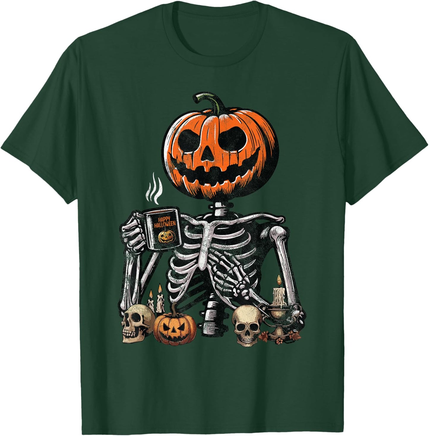 Skeleton Pumpkin Coffee Drinking Funny Halloween Costume T-Shirt - T-Shirt | Forest