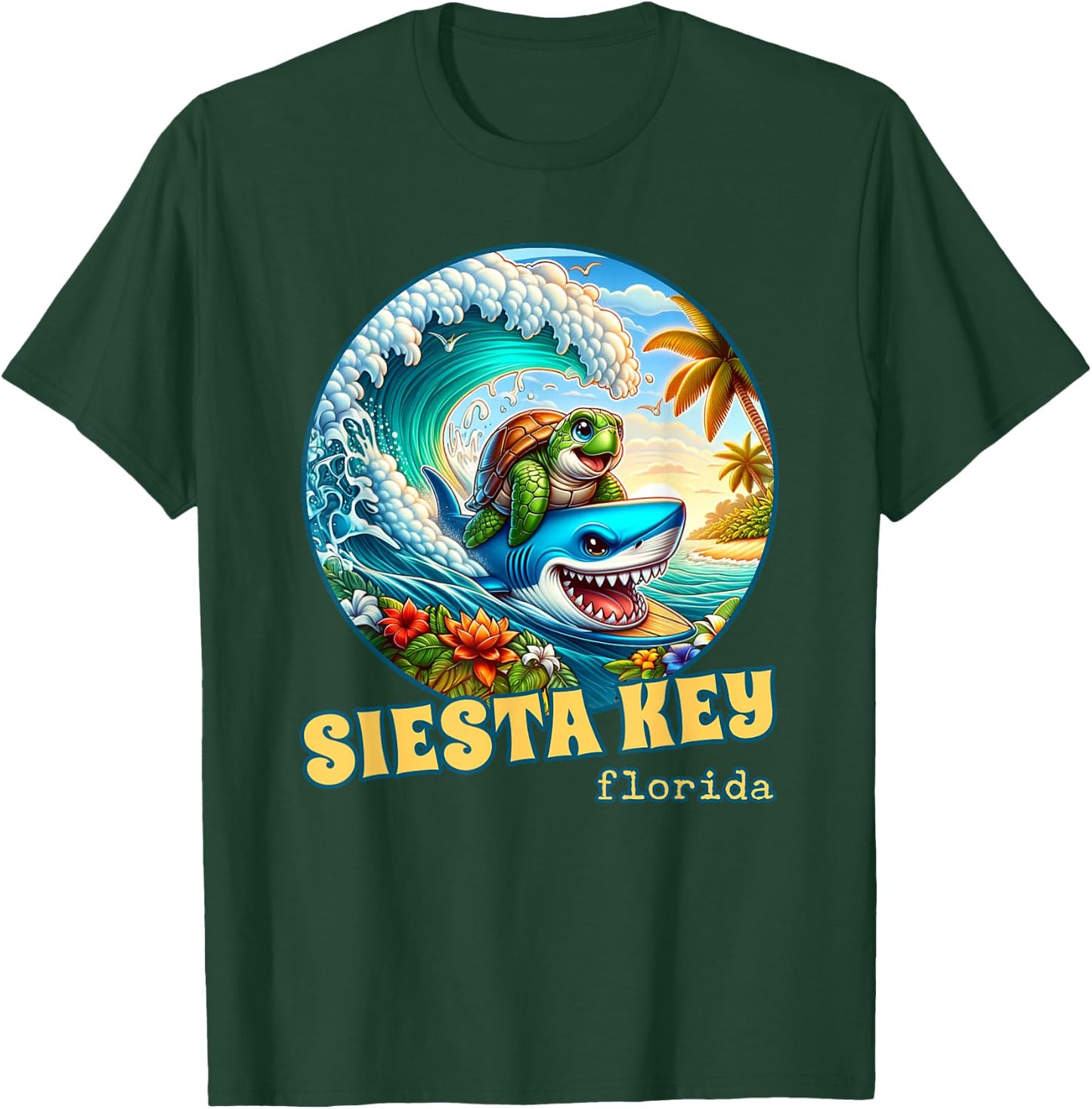 Siesta Key Florida Surfing Sea Turtle and Shark T-Shirt - T-Shirt | Forest