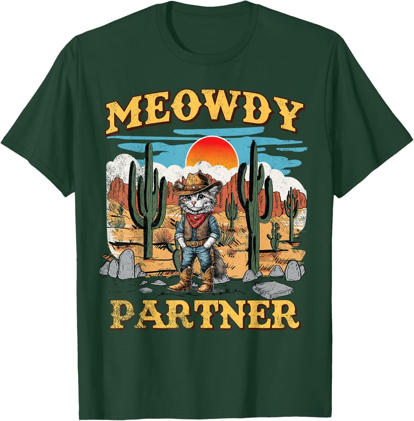 Meowdy Partner Western Cowboy Vintage Cat T-Shirt - T-Shirt | Forest
