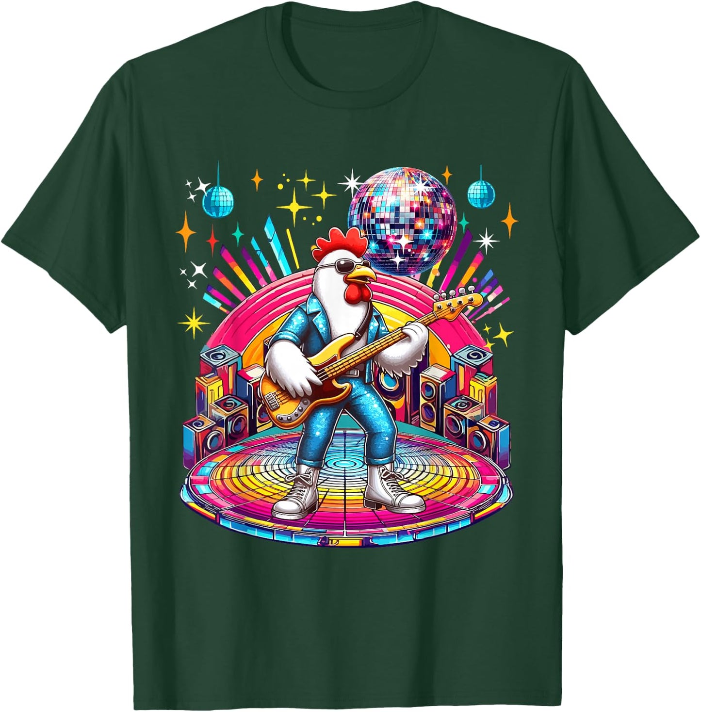 Chicken Sunglasses Playing Guitar Colourful Costume Disco T-Shirt - T-Shirt | Forest