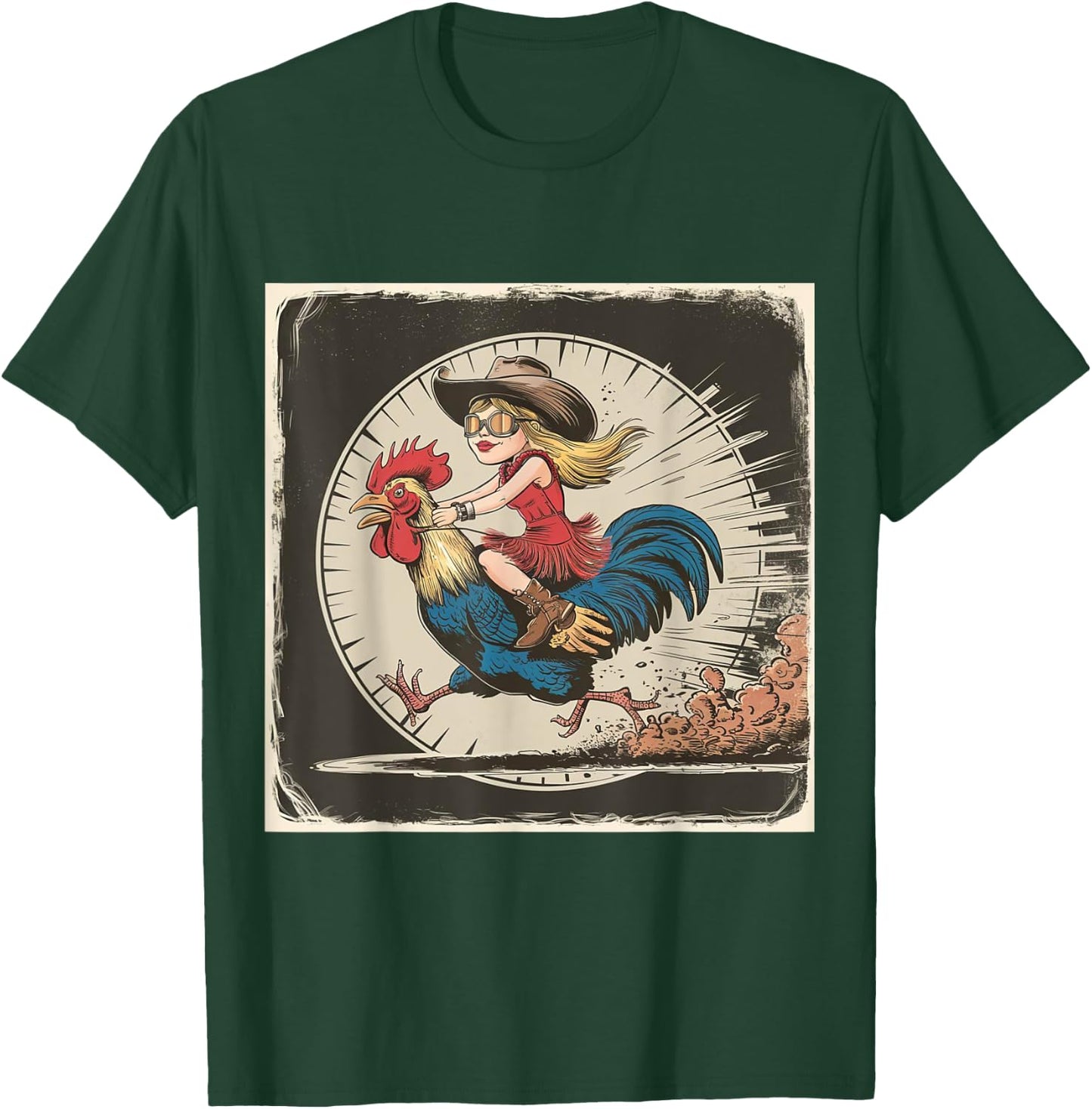 Funny Vintage Distressed Cowgirl Riding Chicken Rooster T-Shirt - T-Shirt | Forest
