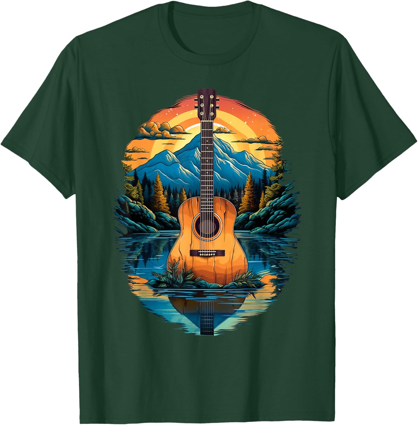 Acoustic Guitar Sunset By The Lake T-Shirt - T-Shirt | Forest
