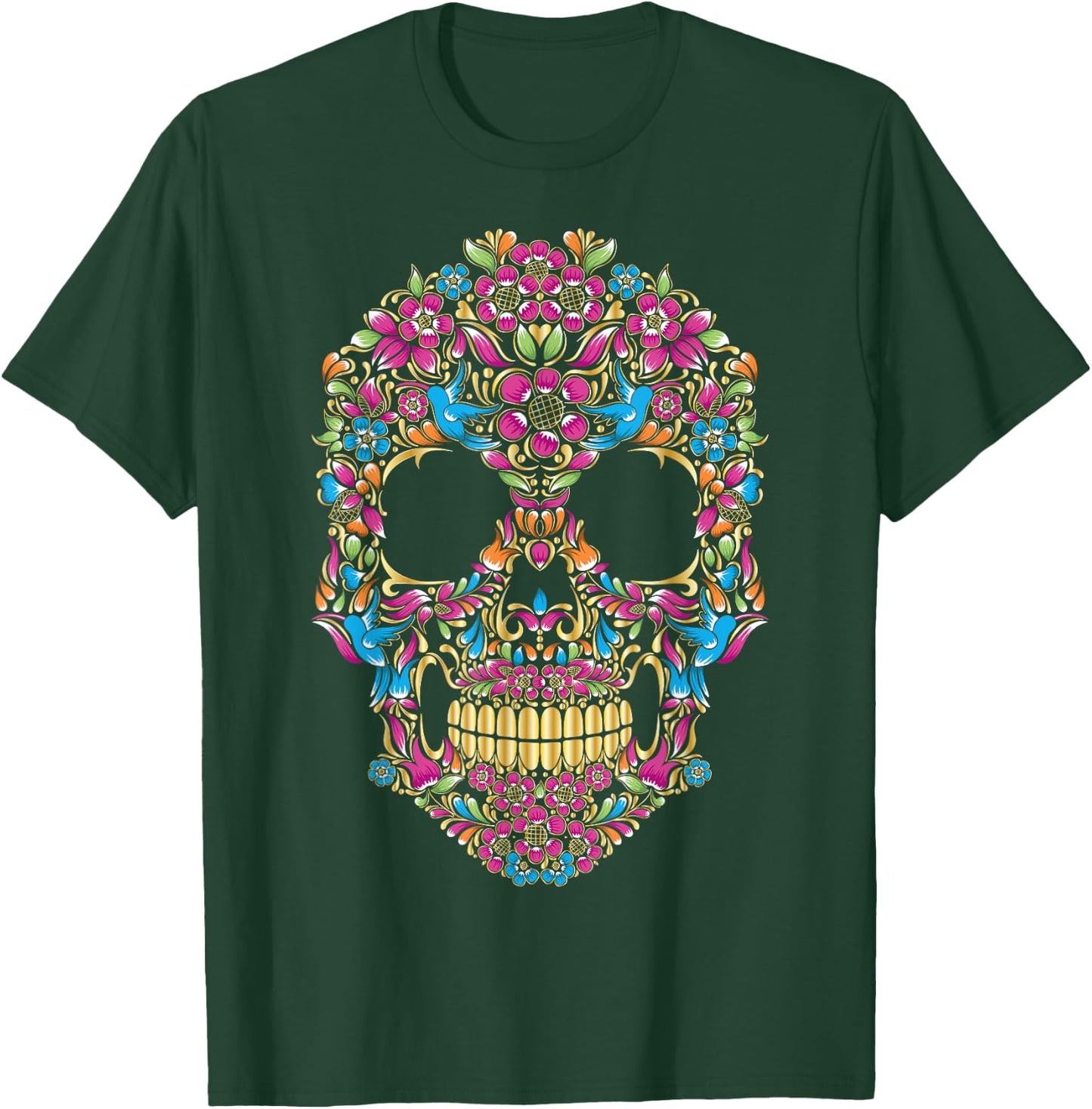 Colourful sugar skulls with flowers and birds | Camiseta T-Shirt - T-Shirt | Forest
