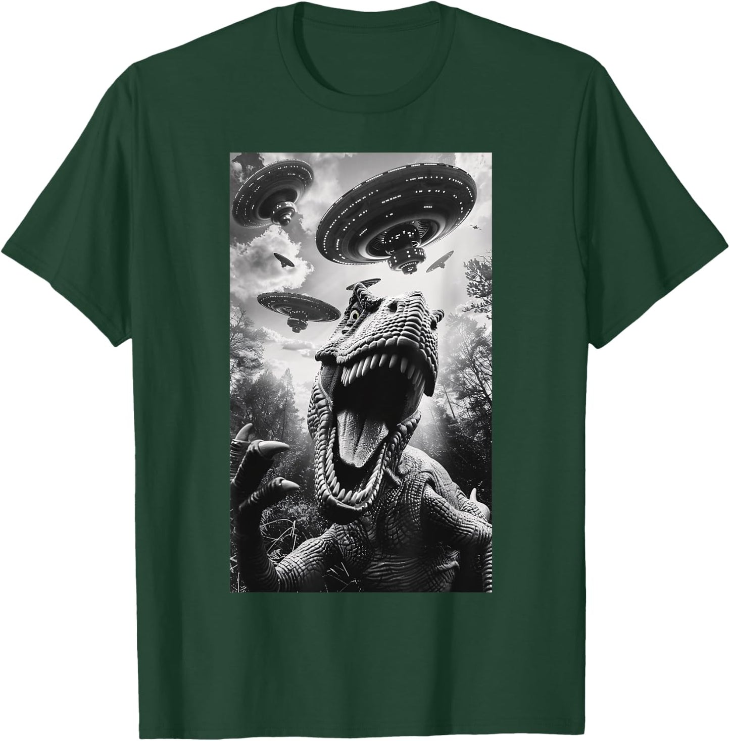 Funny T rex Dinosaur UFO Flying Saucer Alien Men Women T-Shirt - T-Shirt | Forest