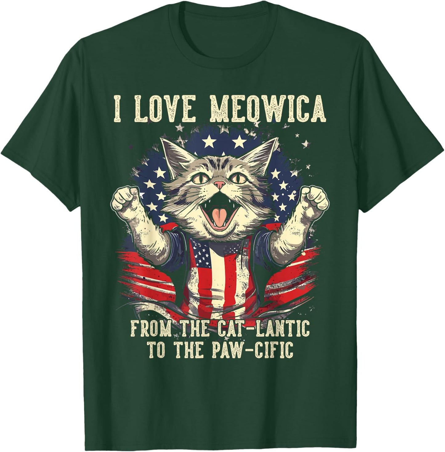 4th July Cat Lover, I Love Meowica Patriotic Funny Happy Cat T-Shirt - T-Shirt | Forest