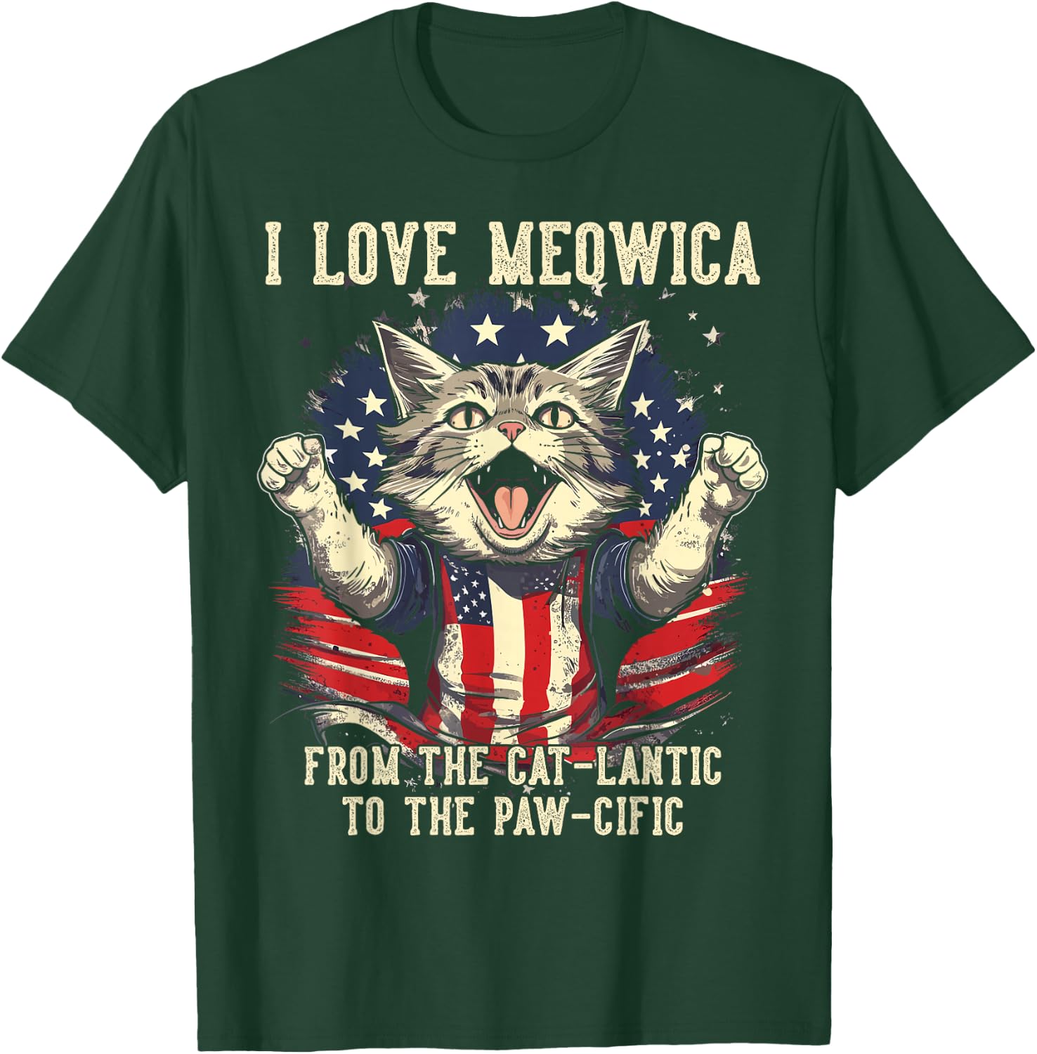 4th July Cat Lover, I Love Meowica Patriotic Funny Happy Cat T-Shirt - T-Shirt | Forest