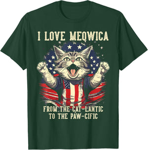4th July Cat Lover, I Love Meowica Patriotic Funny Happy Cat T-Shirt - T-Shirt | Forest