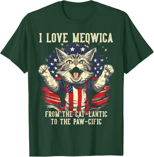 4th July Cat Lover, I Love Meowica Patriotic Funny Happy Cat T-Shirt - T-Shirt | Forest