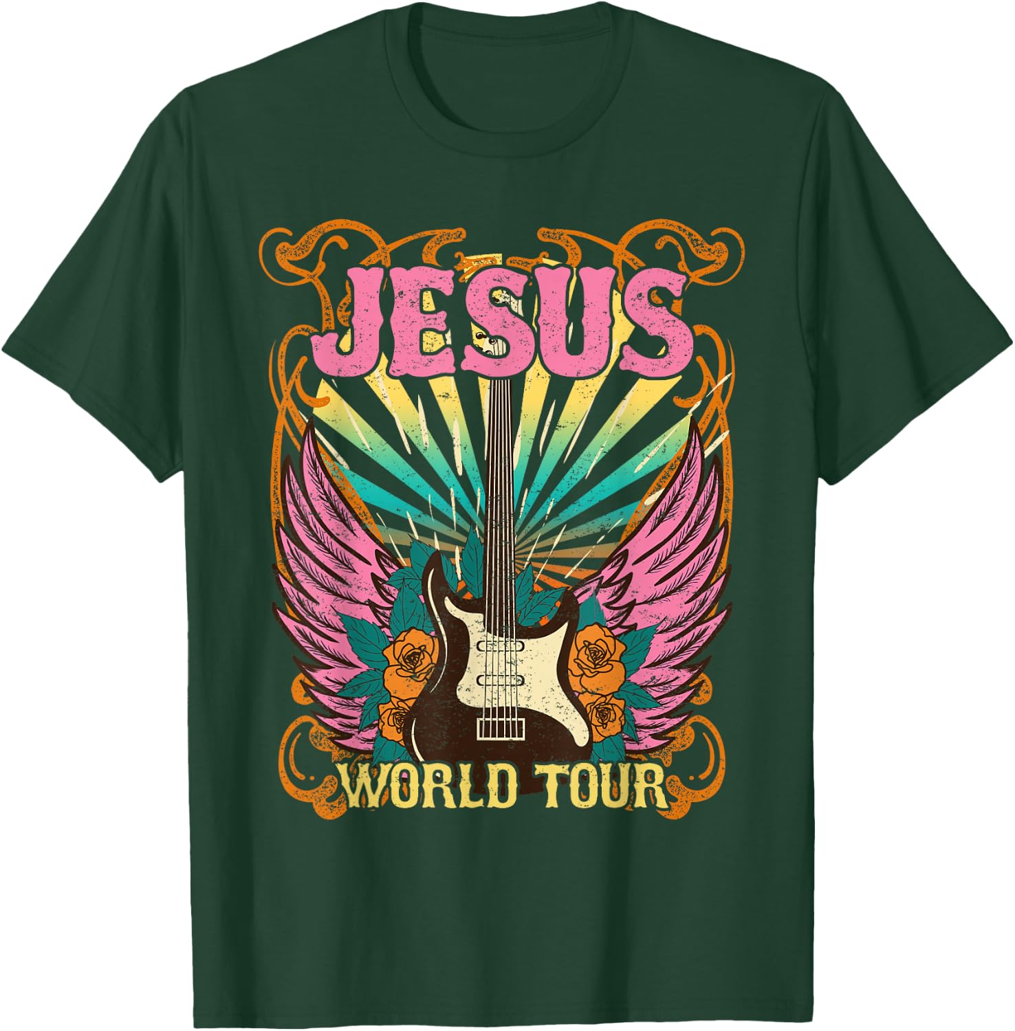 Jesus World Tour Retro 70s 80s Rock Concert Guitar Christian T-Shirt - T-Shirt | Forest