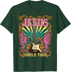 Jesus World Tour Retro 70s 80s Rock Concert Guitar Christian T-Shirt - T-Shirt | Forest