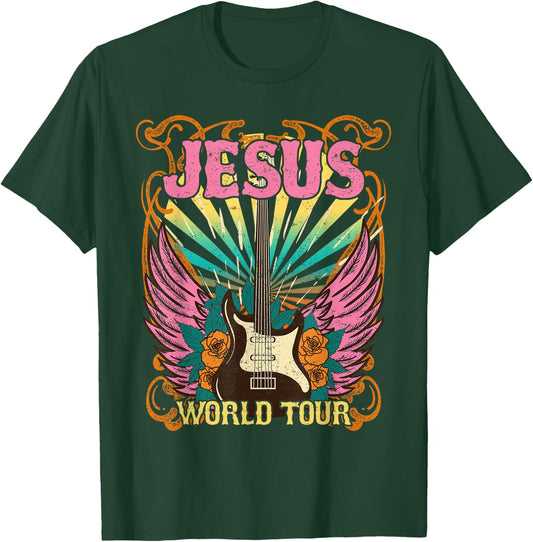 Jesus World Tour Retro 70s 80s Rock Concert Guitar Christian T-Shirt - T-Shirt | Forest